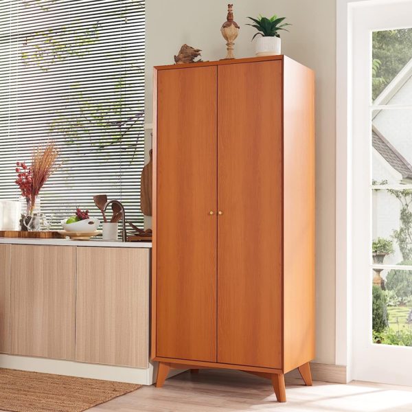 Kitchen Pantry Storage Cabinet, 72" Tall Mid Century Modern Wood Cabinet Organizer w/Doors Adjustable Shelves, 20" Deep Armoire w/Hanging Rod for Bedroom, Laundry, Bathroom, Utility Room (Cherry)